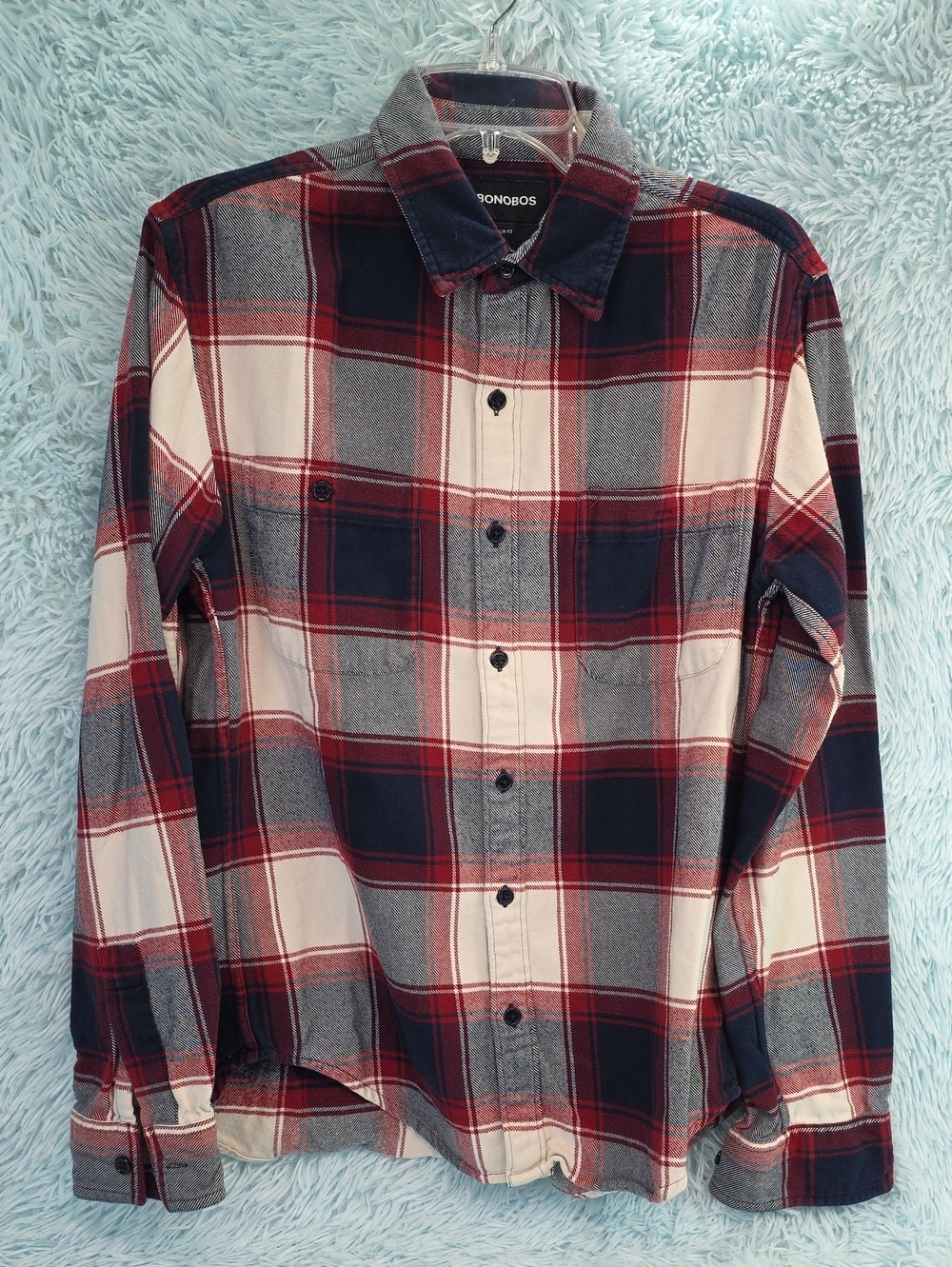 Bonobos Red & Navy Plaid Flannel Button Down Shirt Slim Fit Medium